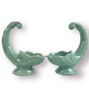 Vintage Monmouth Pottery Cornucopia Planters Vases Aqua Green Matte 10" Set of 2